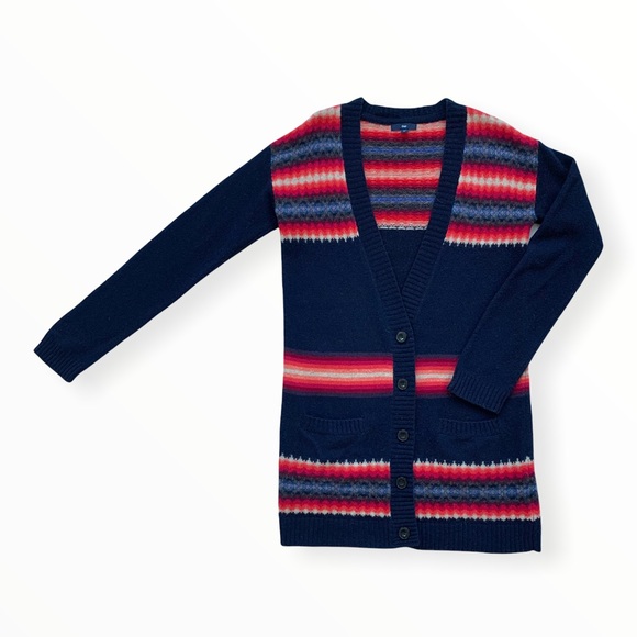 Gap Navy Blue & Red Lambs Wool Fair Isle Cardigan Sweater - Picture 4 of 11